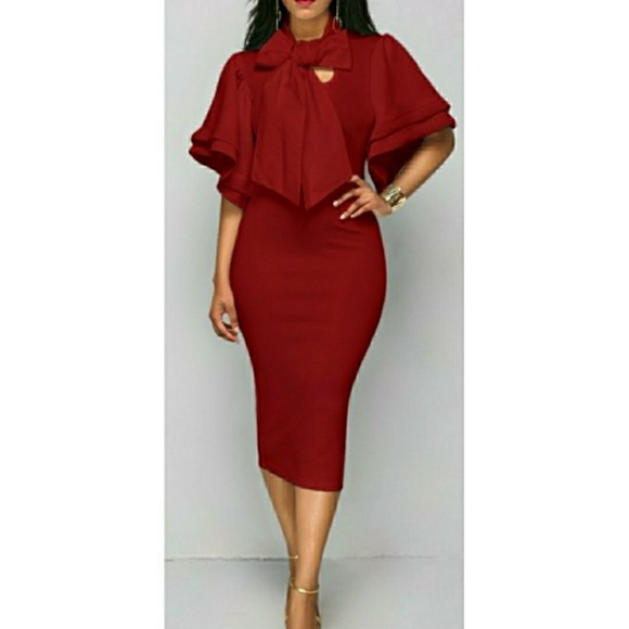 Dresses & Skirts - Red Tie Neck Layered Sleeve Sheath Dress